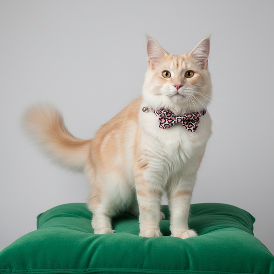 Fashion cat wearing pink leopard collar relaxing on green pillow
