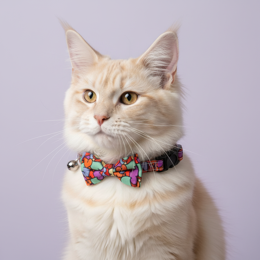 Fashion cat in vibrant heart mosaic collar with bow tie on lilac backdrop