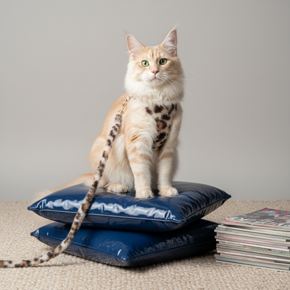 Maine Coon cat wearing faux fur leopard print harness resting on navy blue pet bed

