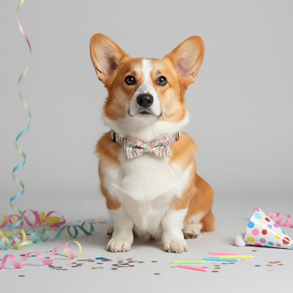 Fawn and white corgi wearing happy birthday dog collar with party hat and confetti pet gift