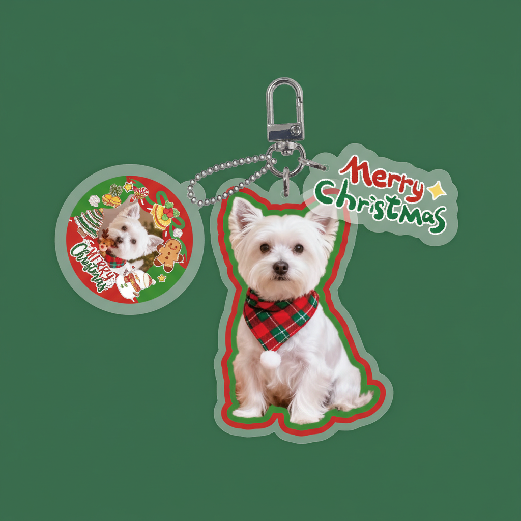 Festive custom pet photo keychain West Highland White Terrier with Christmas theme on green background