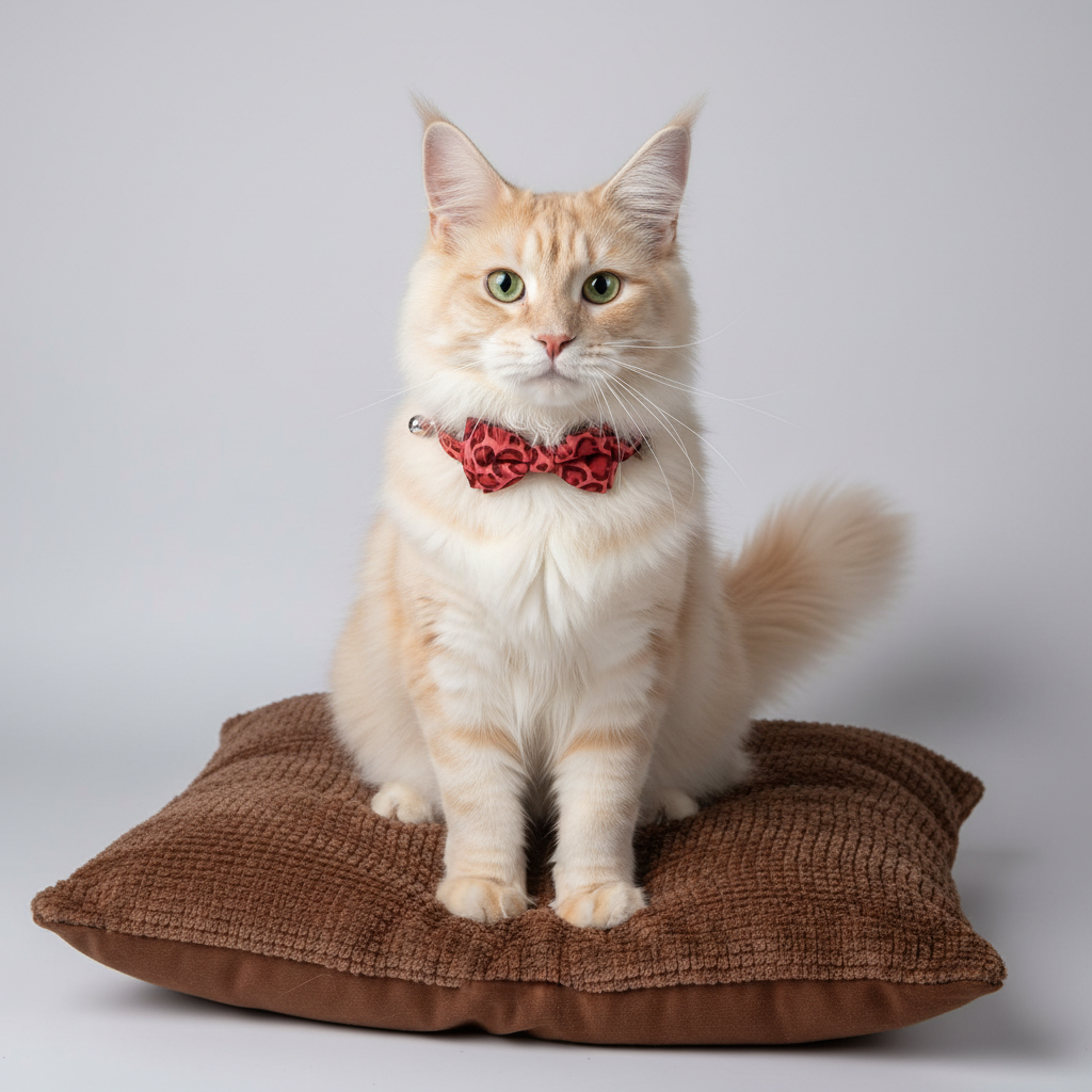 Fierce cat wearing red leopard collar relaxing on brown pillow