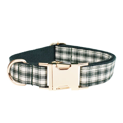 Adjustable forest green plaid dog collar with gold-tone buckle, D-ring and dark green lining