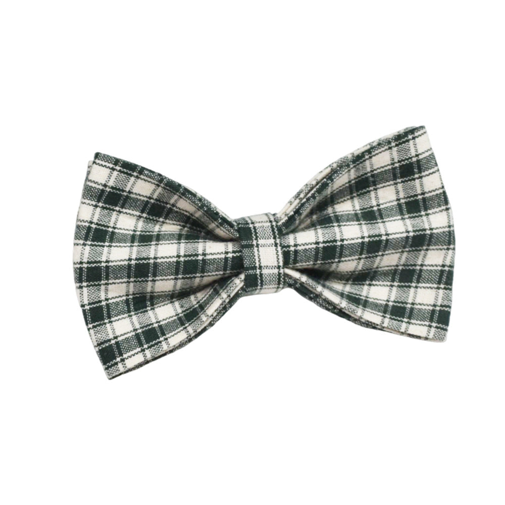 Detachable forest green and cream plaid dog bow tie with classic checkered pattern