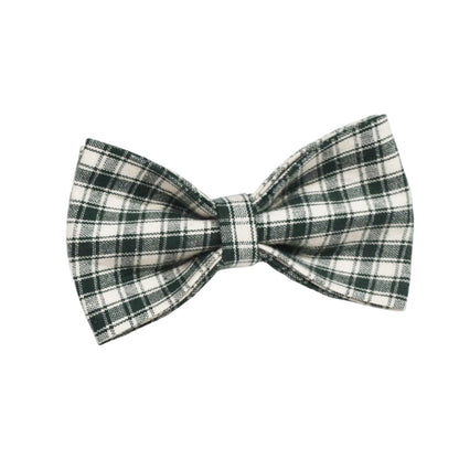 Detachable forest green and cream plaid dog bow tie with classic checkered pattern