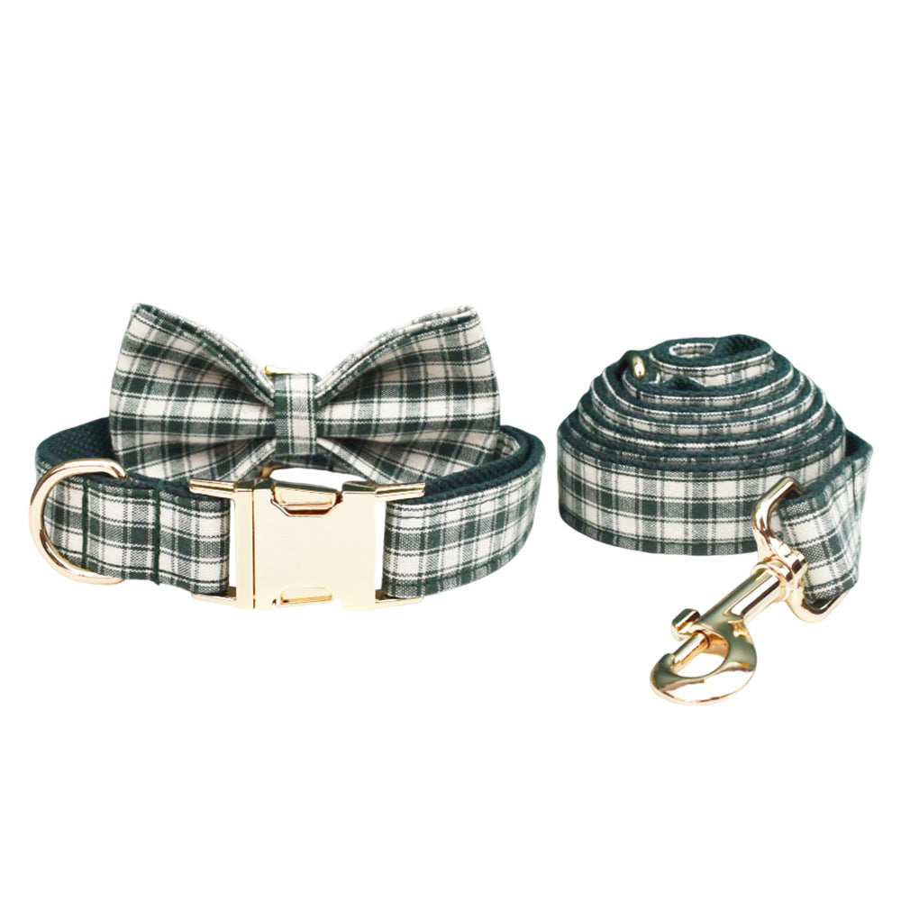 Forest green plaid dog collar and leash set with detachable bow tie and gold-tone hardware