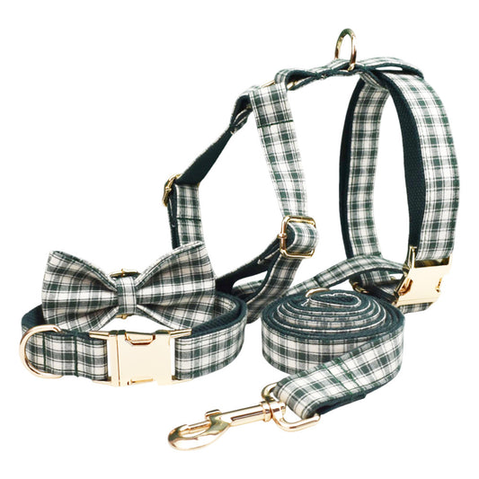 Forest green plaid dog collar, adjustable harness, detachable bow tie and matching leash with gold hardware