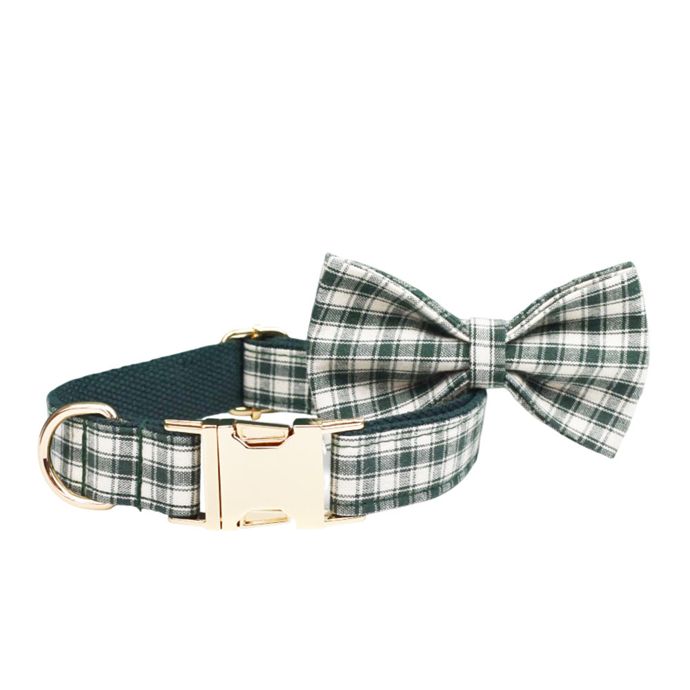 Forest green and cream plaid dog collar with detachable matching bow tie and gold buckle