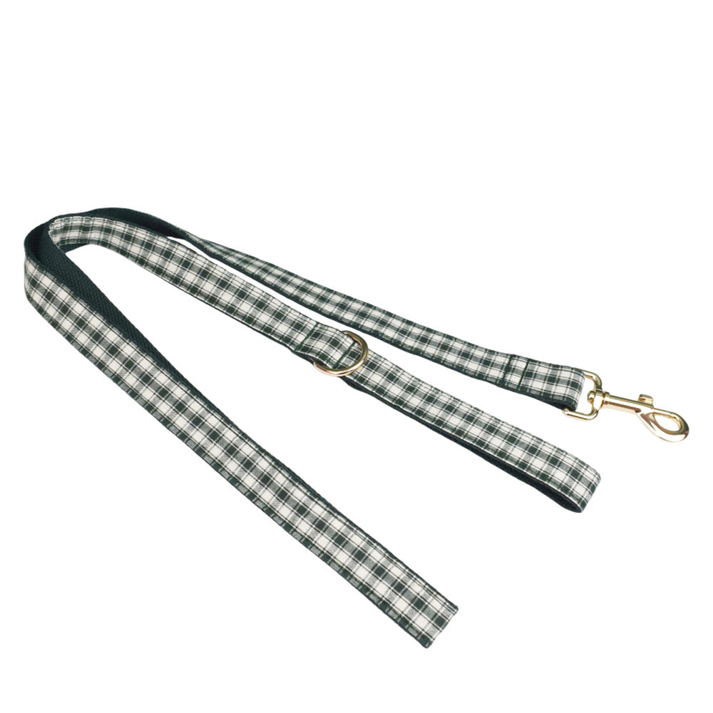 Forest green and cream plaid dog leash with gold-tone metal clip and matching checkered pattern