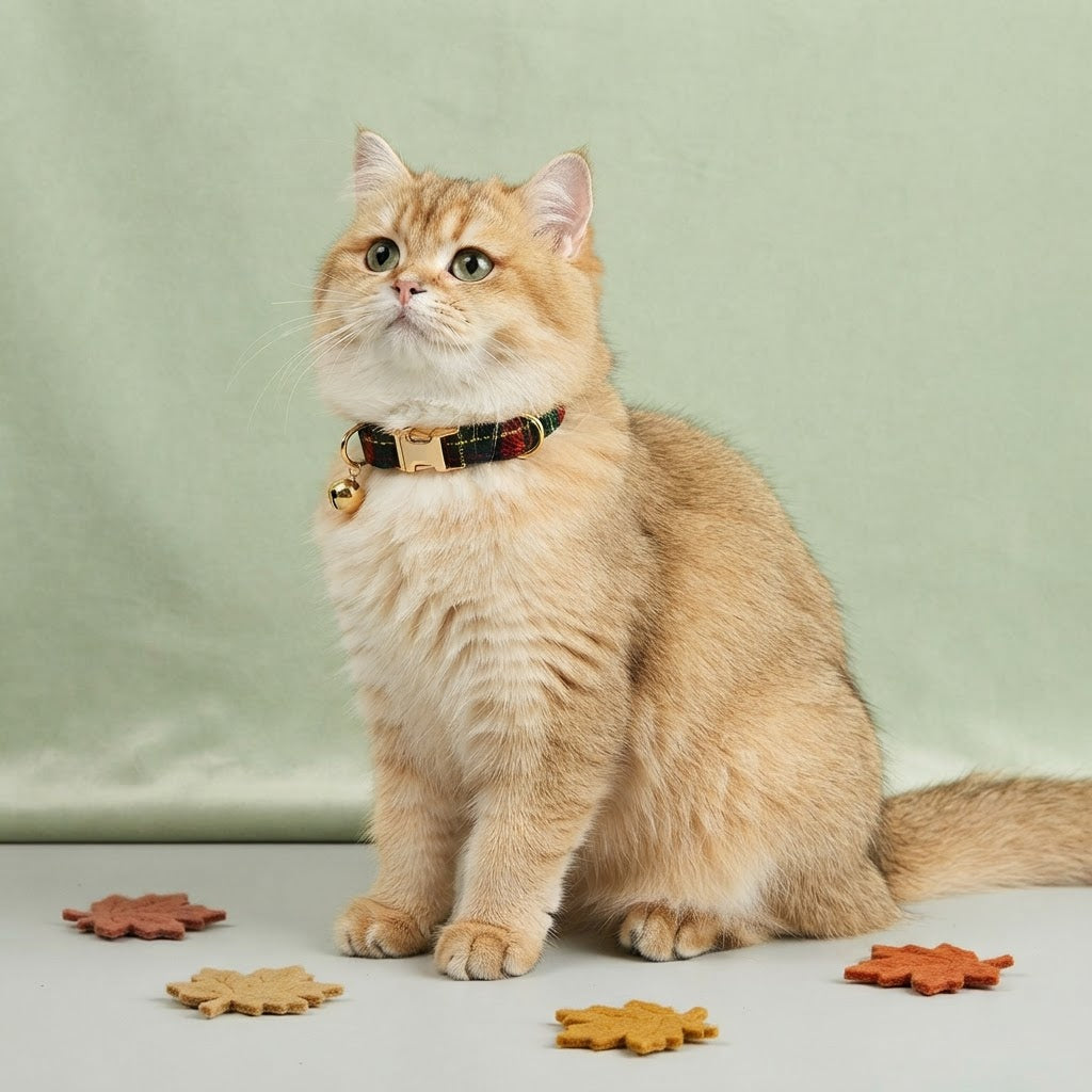 Fluffy golden cat wearing a forest green tartan collar with gold bell, sitting beside decorative leaf-shaped toys