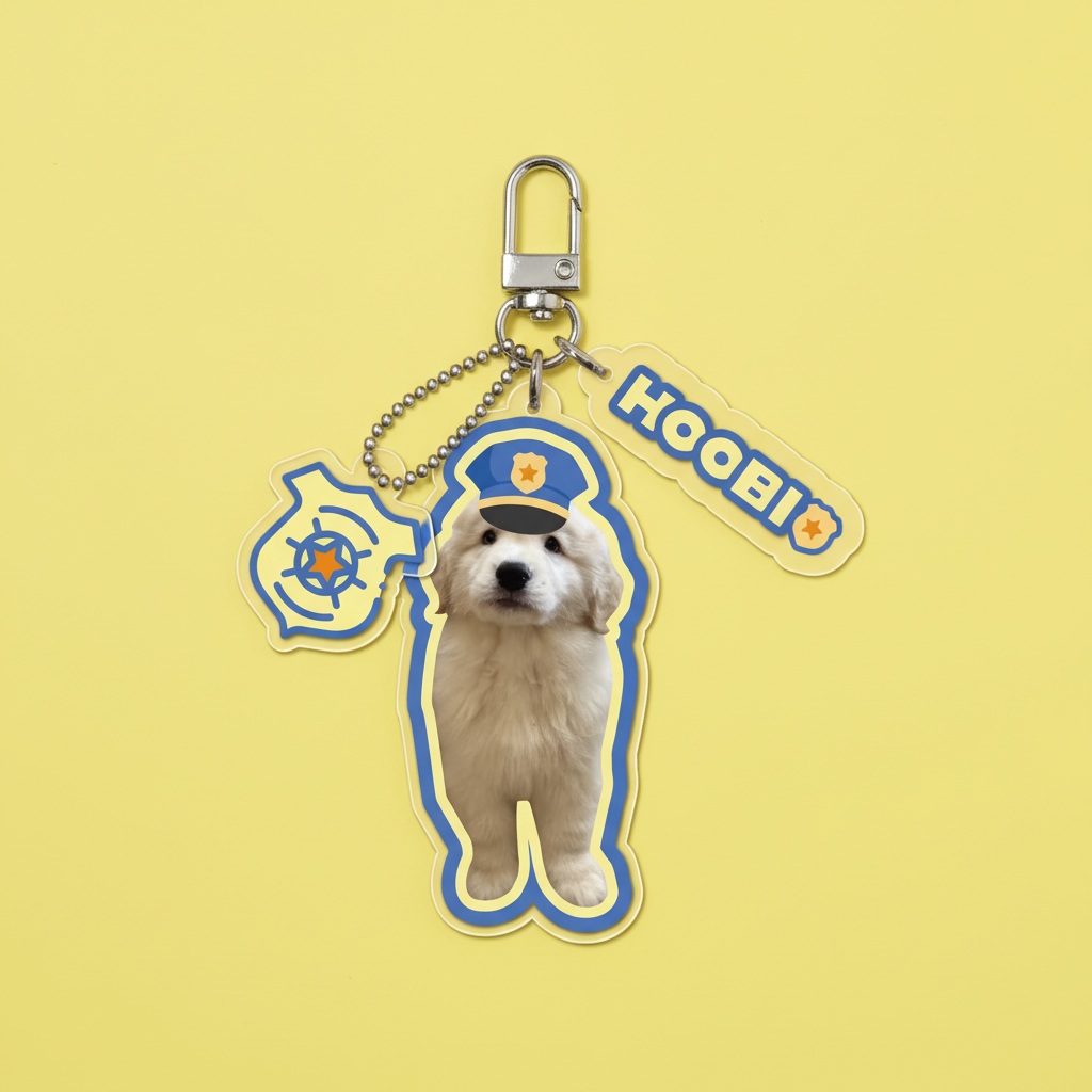  Fun custom pet photo keychain Golden Retriever puppy with police theme badge and name Hoobi on yellow background