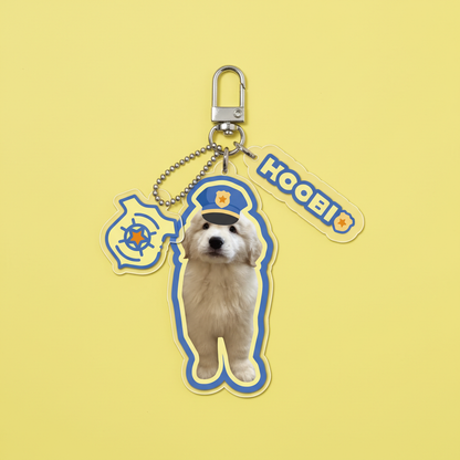  Fun custom pet photo keychain Golden Retriever puppy with police theme badge and name Hoobi on yellow background