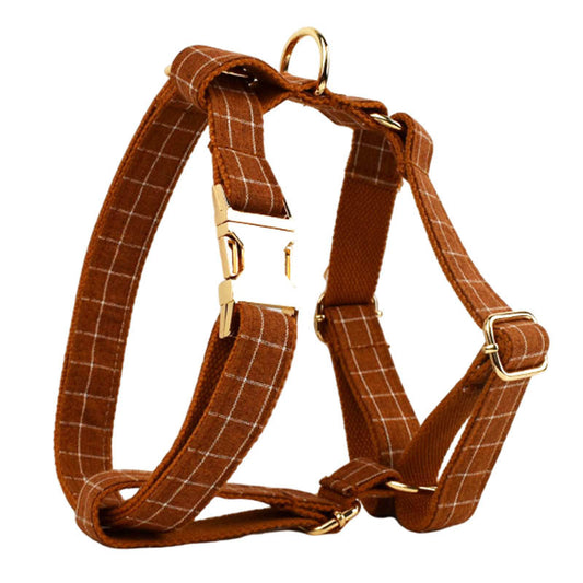 Adjustable gingerbread brown plaid dog harness with gold-tone buckle and D-ring