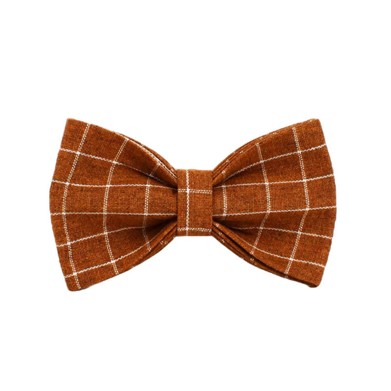 Detachable gingerbread brown plaid dog bow tie with classic white windowpane pattern