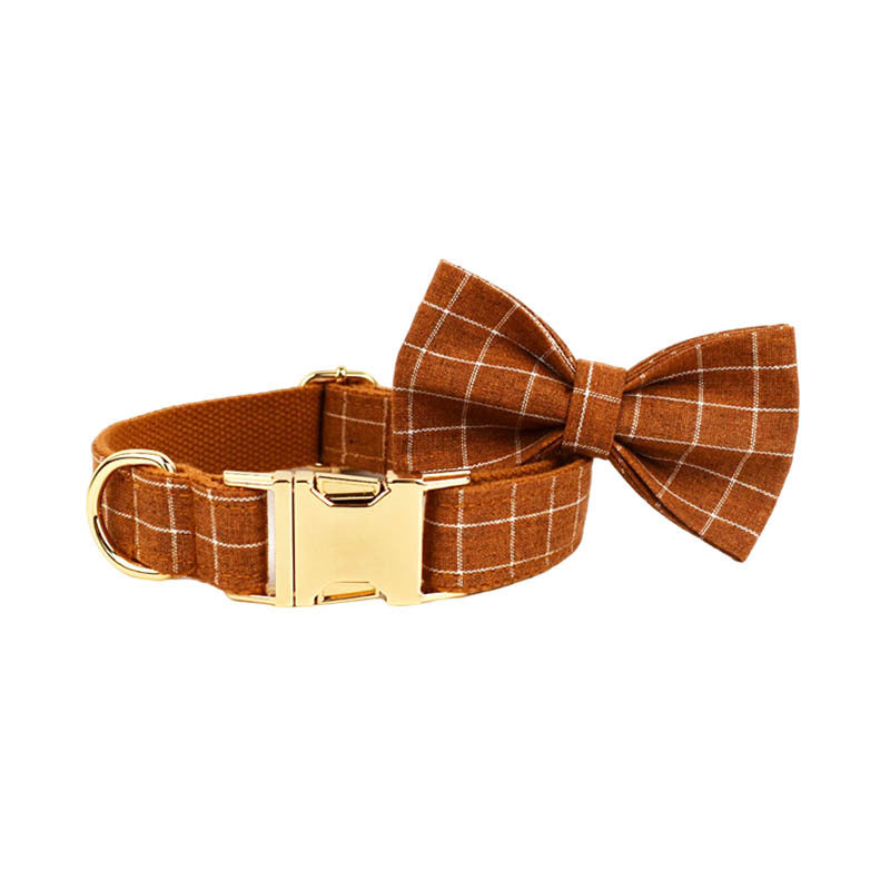 Gingerbread brown plaid dog collar with matching bow tie and gold-tone metal buckle