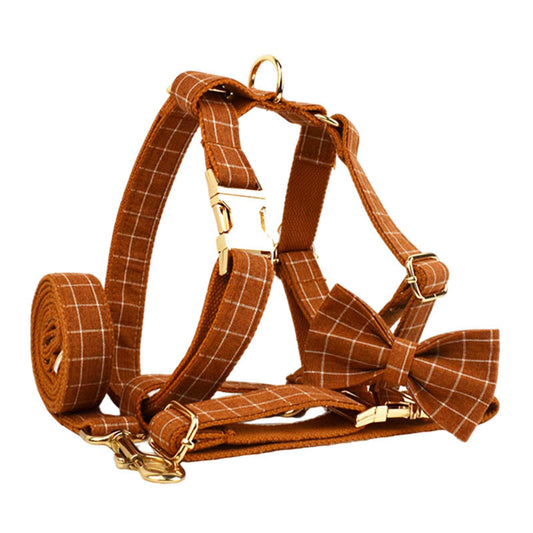 Gingerbread plaid dog walking set: including collar and harness with matching leash and detachable bow tie