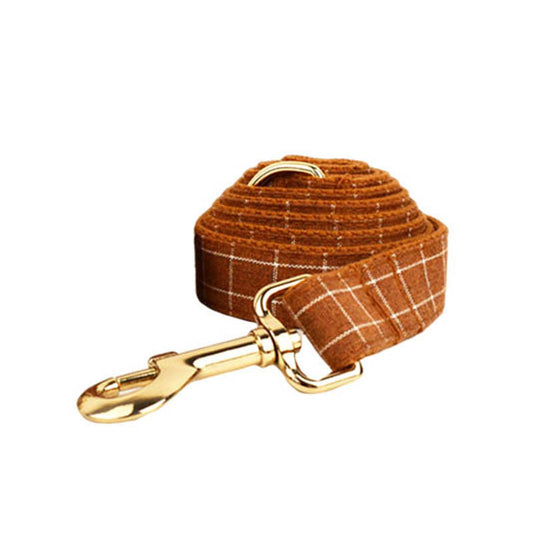 Gingerbread brown plaid dog leash with white windowpane checks and gold-tone swivel clasp