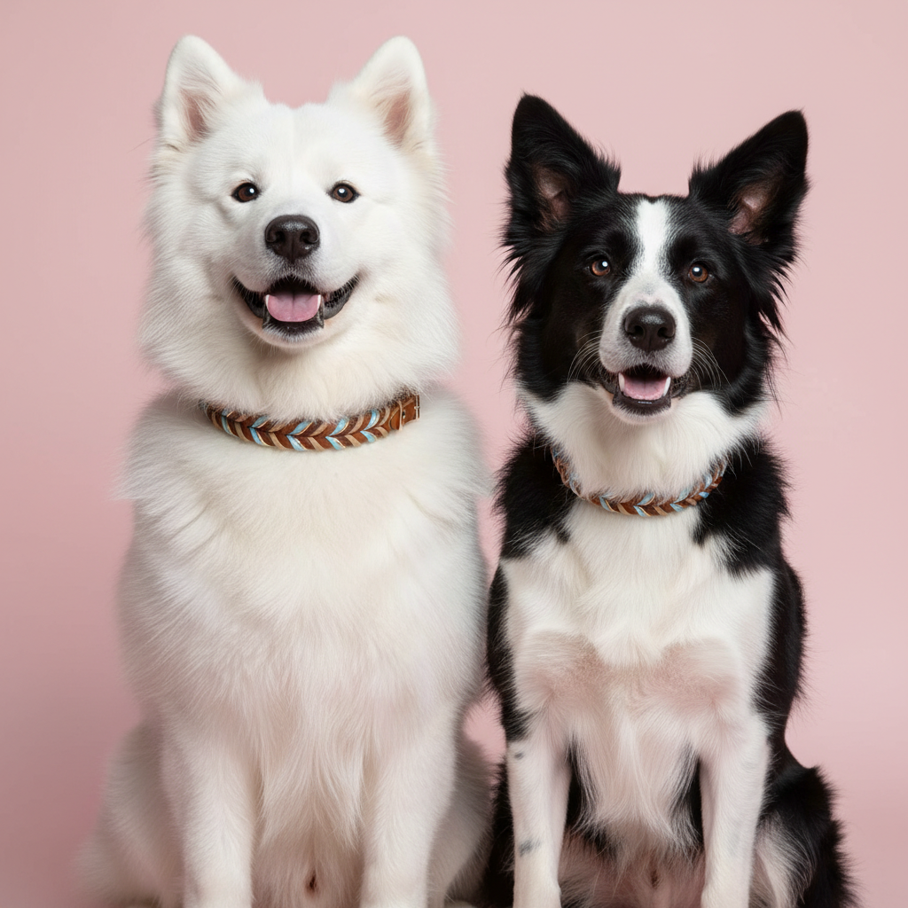 Samoyed and border collie dogs wearing hand-braided full-grain leather collars against pink background - luxury pet accessories