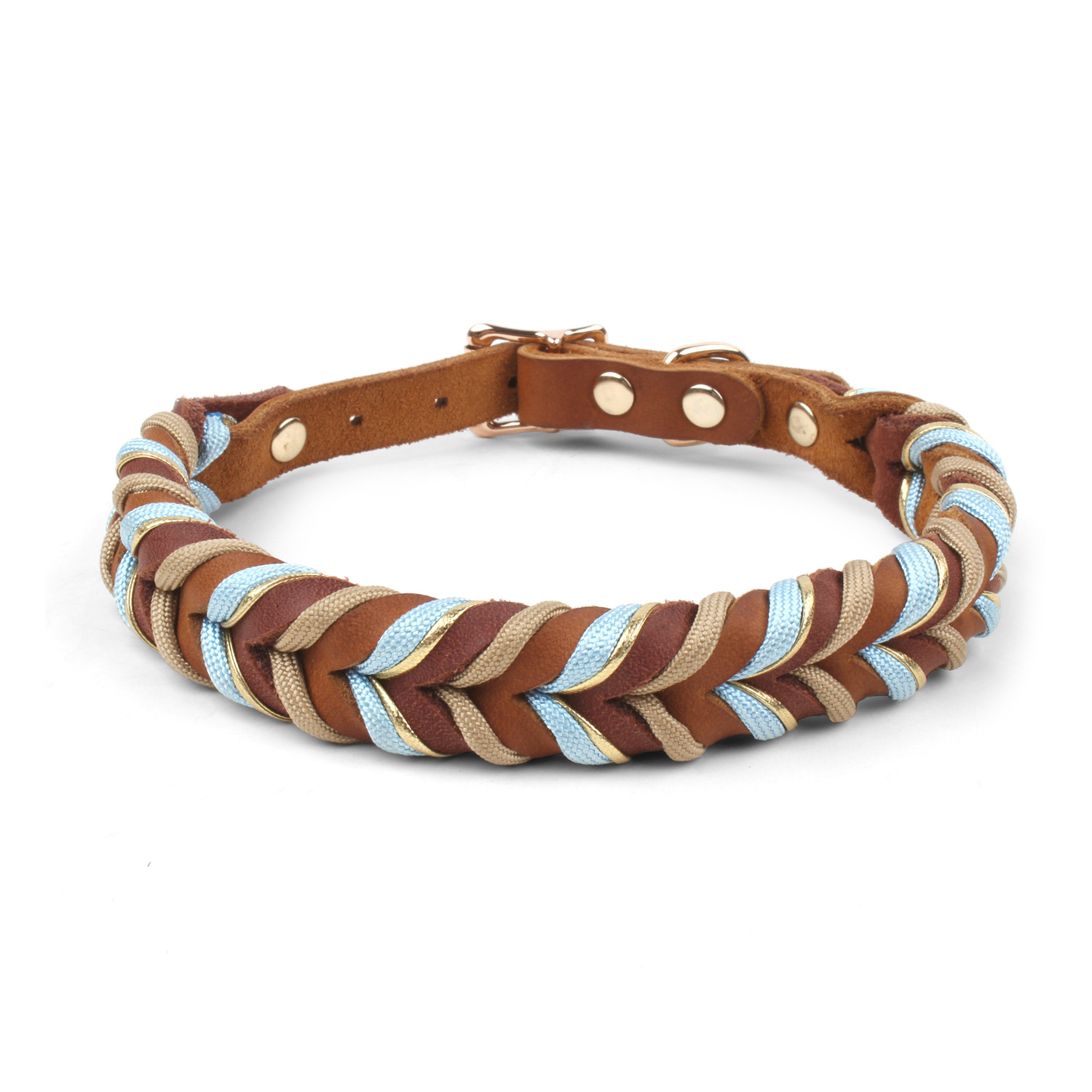 Hand-braided full-grain leather dog collar with brass-plated buckle on white background - artisan crafted luxury pet collar