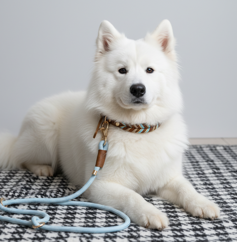 Samoyed dog wearing hand-braided sky blue tan leather collar and leash set on houndstooth rug lifestyle photo

