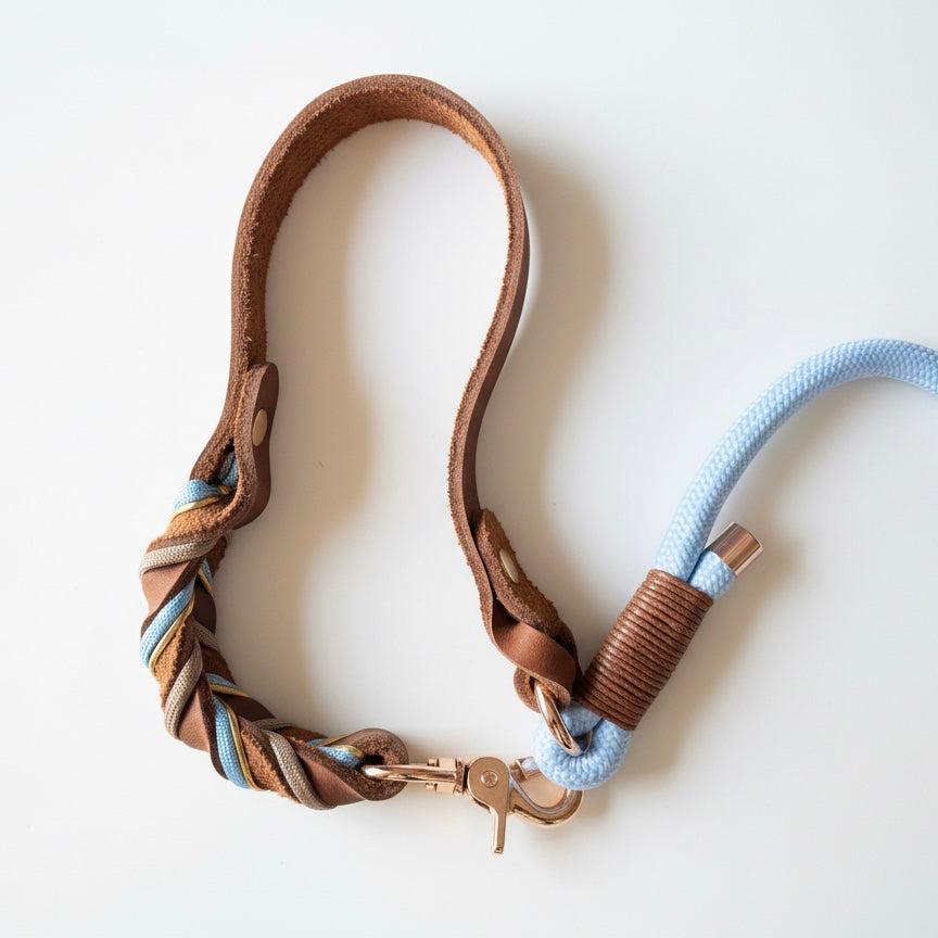Hand-braided leather dog collar and leash set sky blue tan with brass hardware product shot white background
