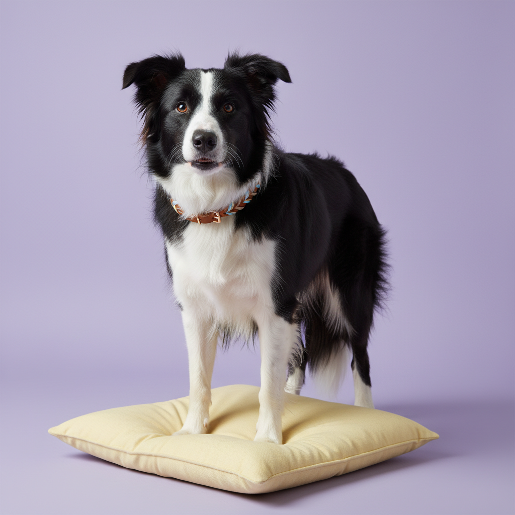 Border collie dog wearing hand-braided leather collar on pet bed against lavender background - durable artisan dog collar