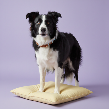 Border collie dog wearing hand-braided leather collar on pet bed against lavender background - durable artisan dog collar