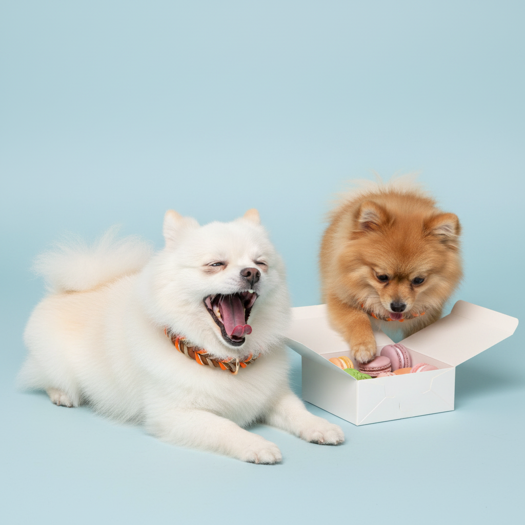 White Pomeranian laying down and yawning widely next to a brown Pomeranian reaching into an open white gift box filled with colorful macarons, both wearing Bling Fuzzie orange tan hand-braided leather dog collars on a light blue background