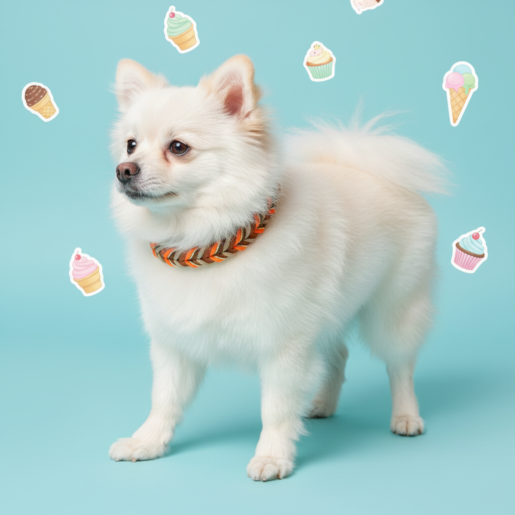 White Pomeranian wearing a Bling Fuzzie orange tan hand-braided leather dog collar, standing against a light blue background illustrated with pastel cupcakes and ice cream cones