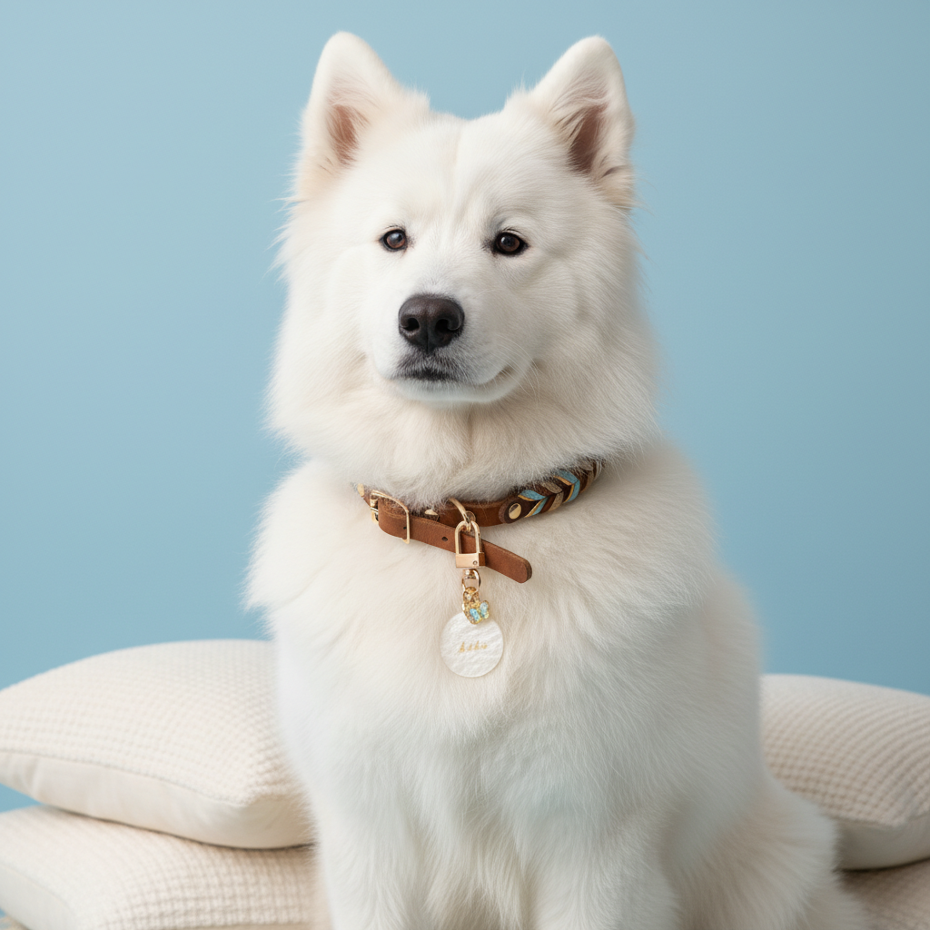 Samoyed dog wearing hand-braided sky blue tan leather collar with custom nameplate and brass hardware on pastel blue background
