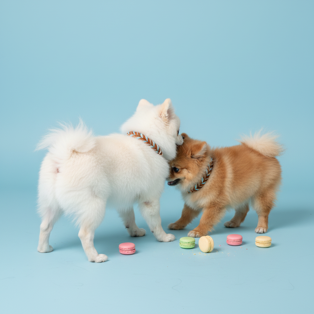 White Pomeranian showing its fluffy back and a brown Pomeranian sniffing each other, both wearing Bling Fuzzie sky blue tan hand-braided leather dog collars next to colorful macarons on a light blue background