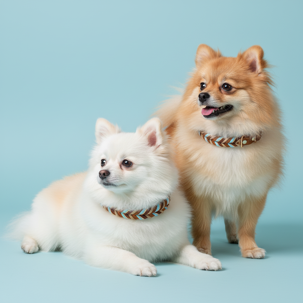 Two Pomeranians, one white and one brown, both wearing Bling Fuzzie sky blue tan hand-braided leather dog collars, posing together against a solid light blue background