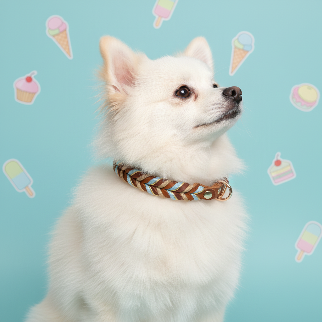 White Pomeranian wearing a Bling Fuzzie sky blue tan hand-braided leather dog collar, sitting and looking up against a light blue background illustrated with pastel ice cream cones, cupcakes, and macarons