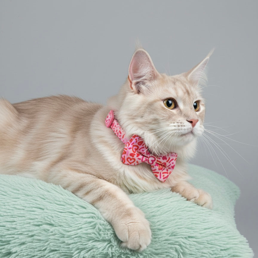 Cream long-haired cat wearing Bling Fuzzie Heart Graffiti Cat Collar with pink graffiti-heart bow tie, lying on a mint green fluffy cushion against a grey background
