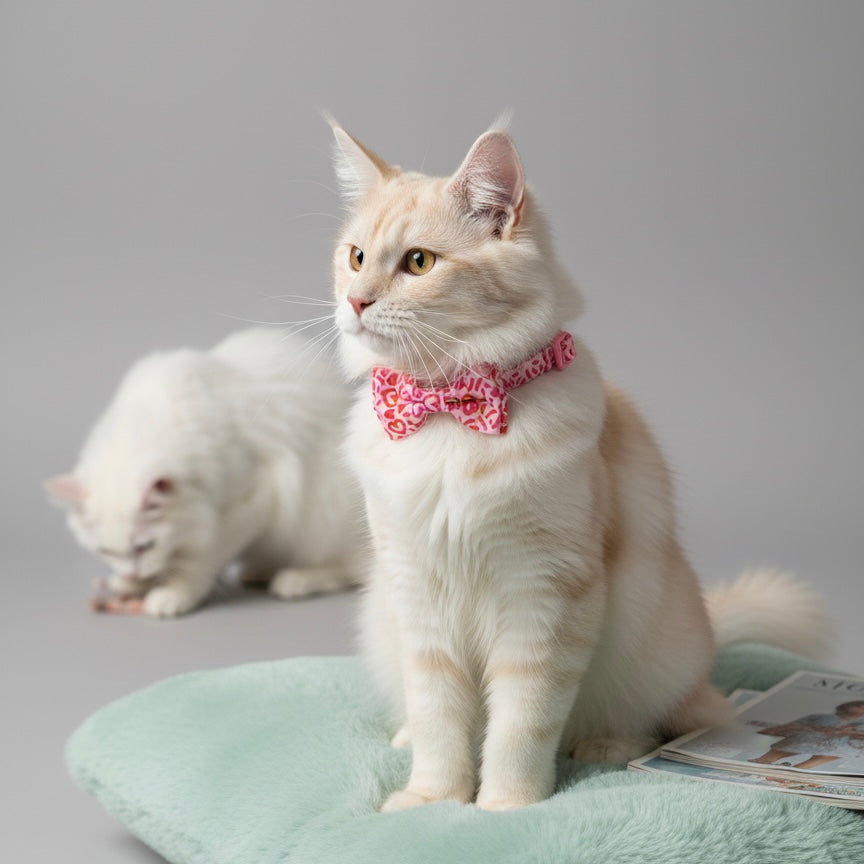 Cream white long-haired cat wearing Bling Fuzzie Heart Graffiti Cat Collar with pink graffiti-heart bow tie, sitting on a mint cushion with a magazine nearby and a white cat grooming in the background