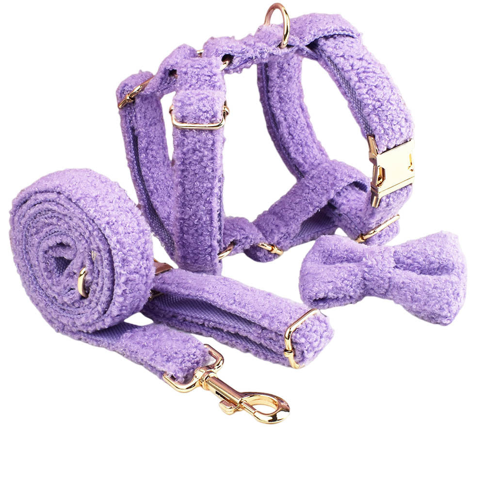 Lavender purple teddy fleece dog 4-piece set collar bow tie harness leash complete product shot white background