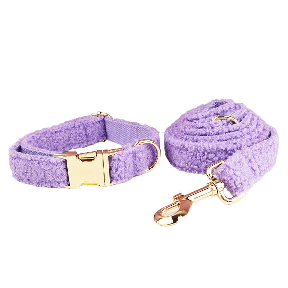 Lavender purple teddy fleece dog collar and leash set product shot white background