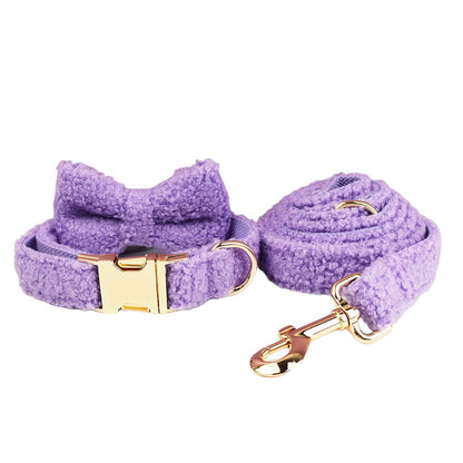 Lavender purple teddy fleece dog collar bow tie and leash complete set product shot white background