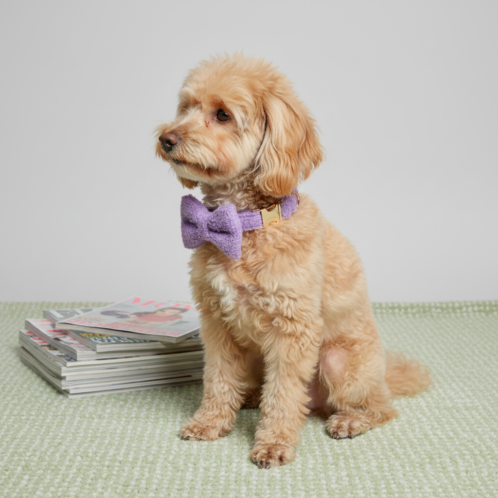 Apricot Poodle wearing lavender purple teddy fleece collar with bow tie on green checkered carpet with magazines