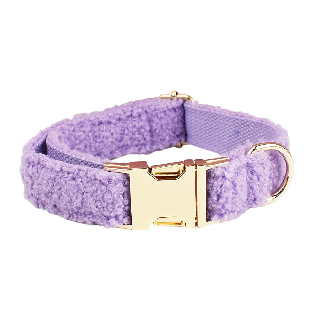 Lavender purple teddy fleece dog collar with gold buckle detail product shot white background
