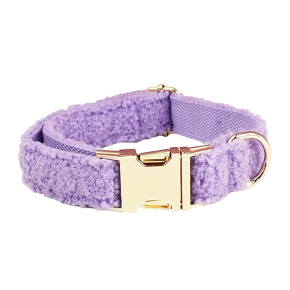 Lavender purple teddy fleece dog collar with gold buckle detail product shot white background