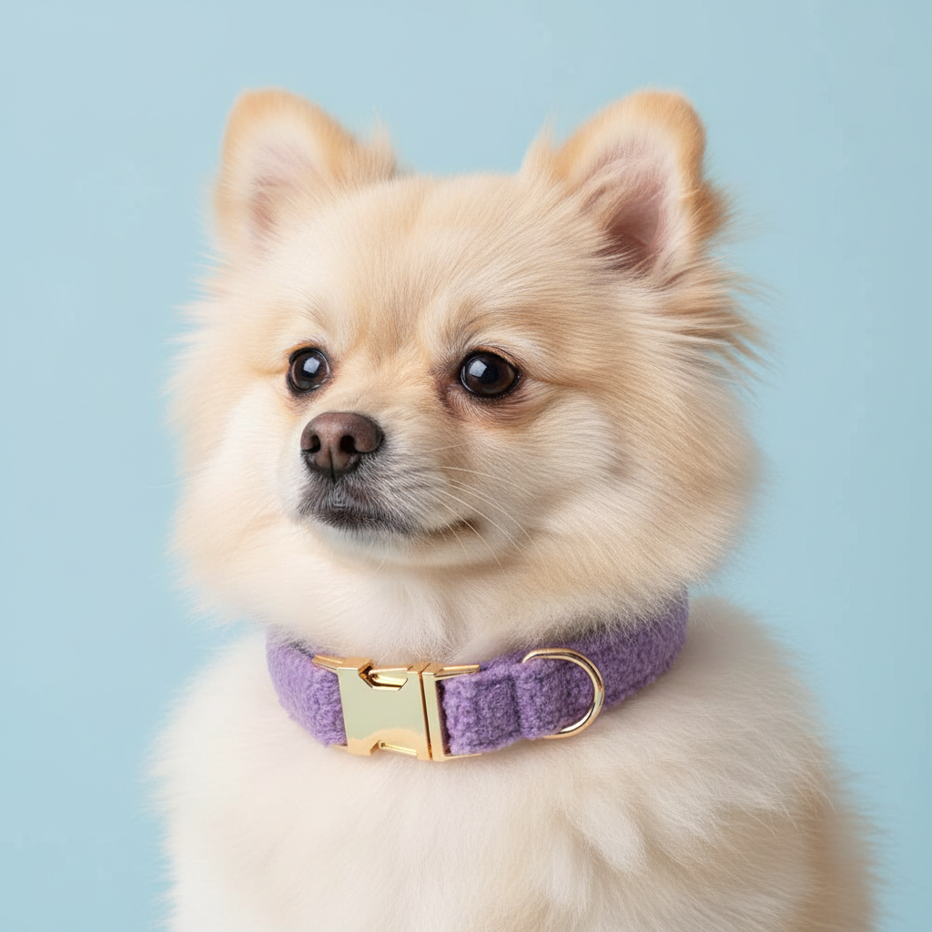 Pomeranian wearing lavender purple teddy fleece dog collar on light blue background