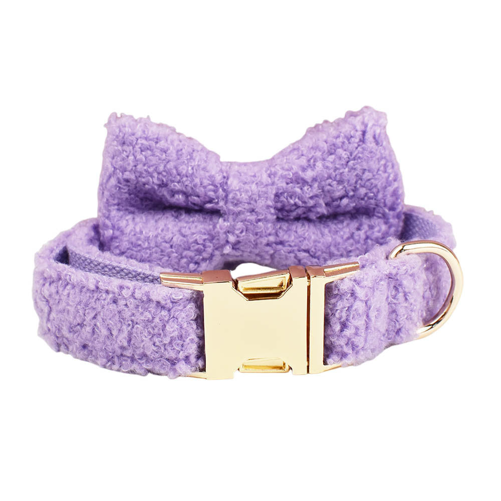 Lavender purple teddy fleece dog collar with bow tie and gold hardware detail product shot