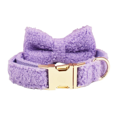 Lavender purple teddy fleece dog collar with bow tie and gold hardware detail product shot