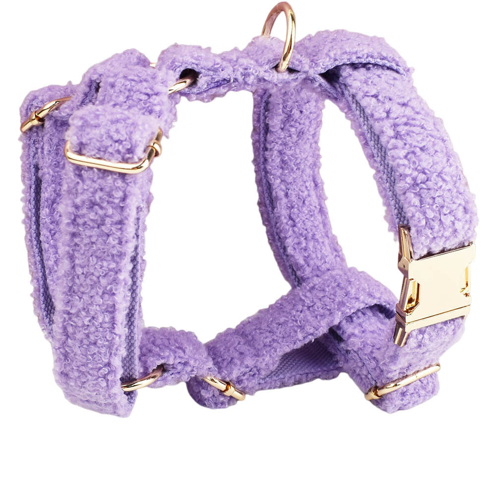Lavender purple teddy fleece dog harness with gold hardware detail product shot white background