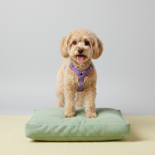 Apricot Poodle wearing lavender purple teddy fleece harness resting on green pet bed lifestyle photo