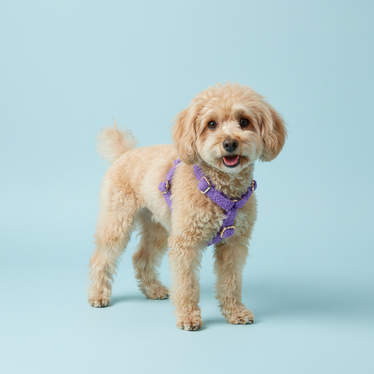 Apricot Poodle wearing lavender purple teddy fleece dog harness on light blue background