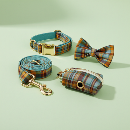 Teal & Burnt Orange Plaid Dog 5-Piece Collar Harness & Leash Set