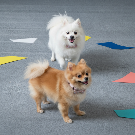 Two Pomeranian dogs, a brown one in the foreground and a white one standing behind, wearing matching Bling Fuzzie birthday party mini rainbow print dog collars with bow ties, on a gray floor background with scattered colorful papers.