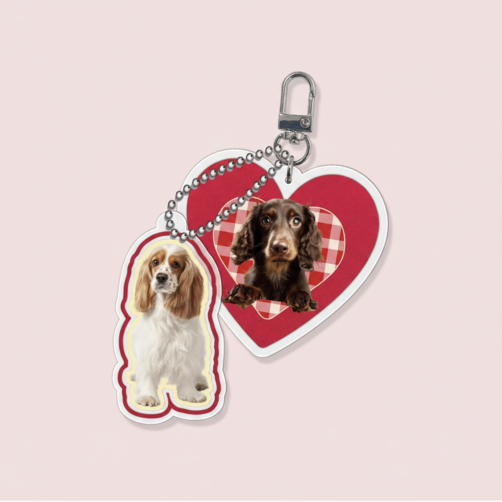 Custom pet photo keychain Cocker Spaniel and Dachshund combo with red plaid heart charm on light pink background